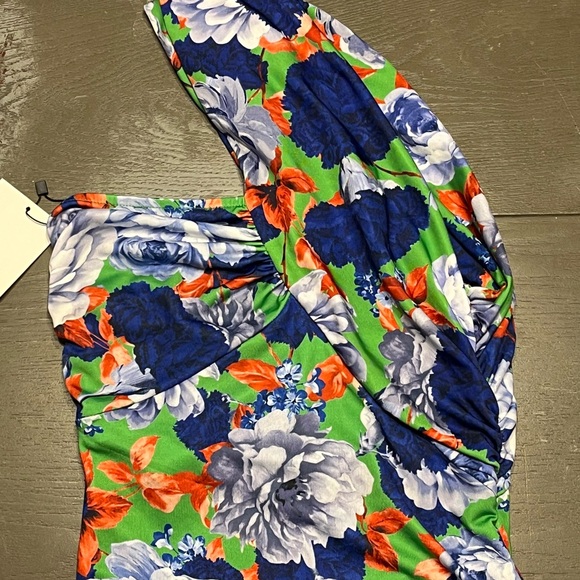 Zara Asymmetrical Neck Line Green Blue Orange Floral Bodysuit Blouse NWT Medium - Picture 6 of 8